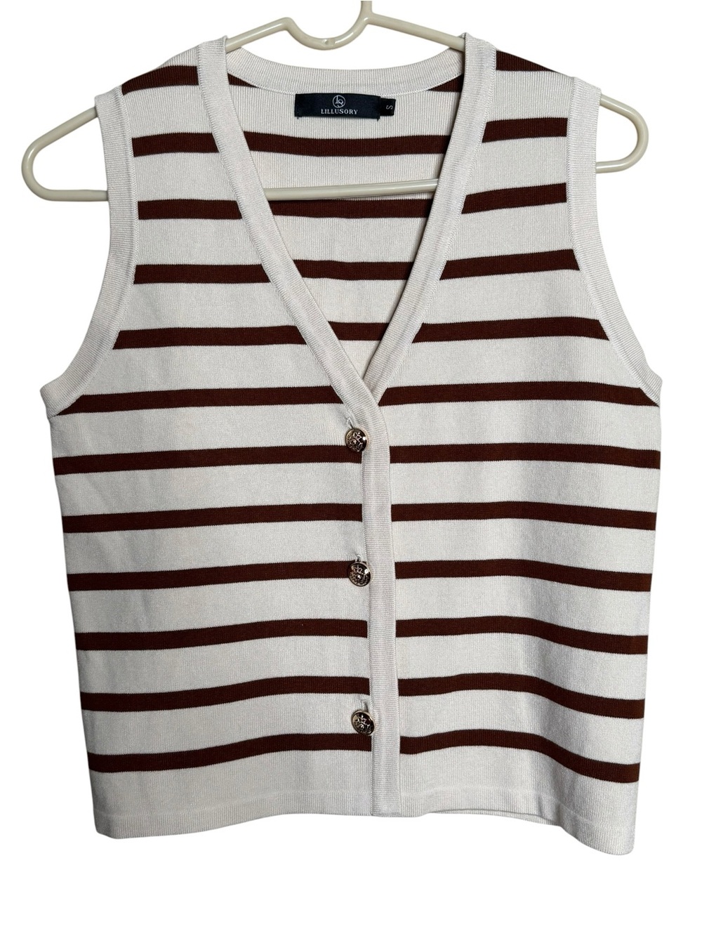 Lillusory  Brown and White Striped V-Neck Button Top Size S Decorative Buttons